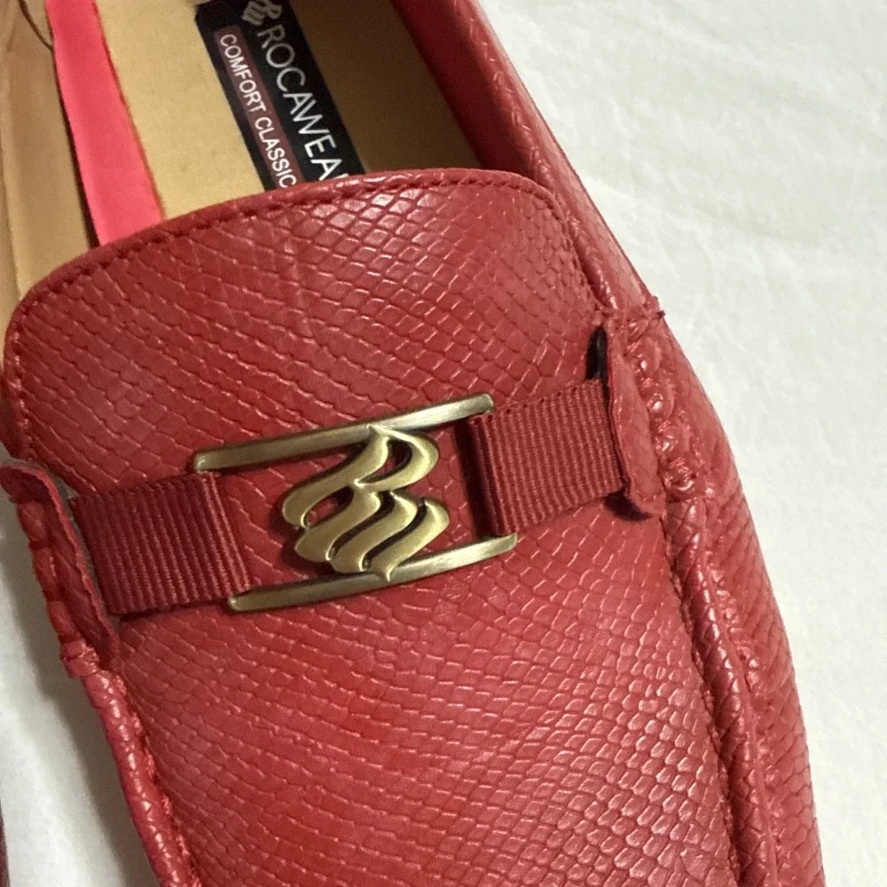 Rocawear Men's Red Faux Python Skin Driving Loafers Gold Buckle Size 10